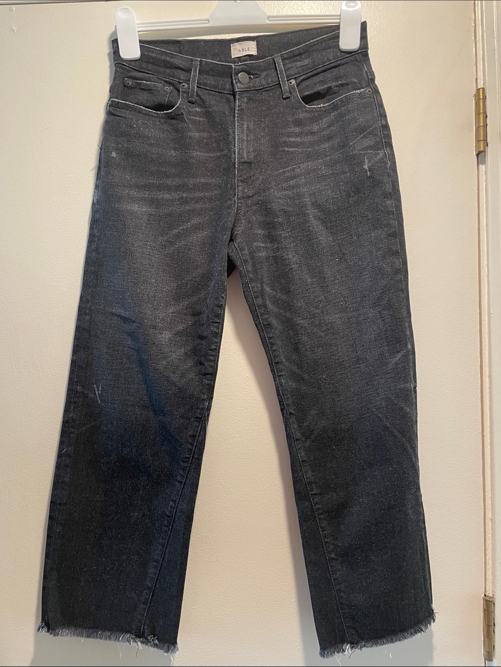 ABLE Black Subtle Distress Wide Leg Jeans with Raw Hem